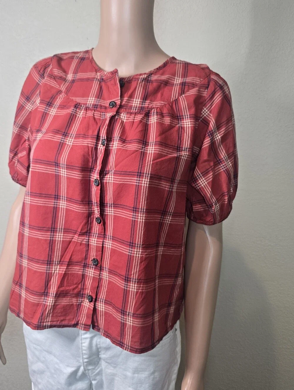 Madewell Red Plaid Short Sleeve Round Neck Lightweight Cotton Prose Shirt S